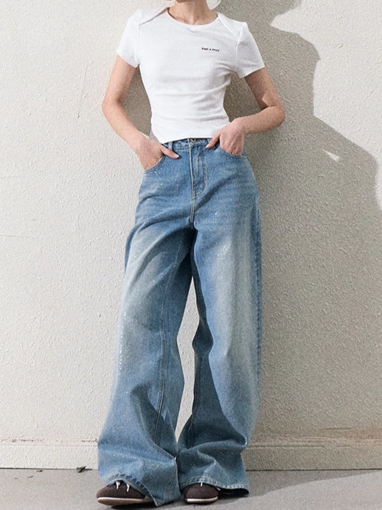 Cotton Silver-Splatter Wide-Leg Jeans