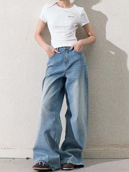 Cotton Silver-Splatter Wide-Leg Jeans