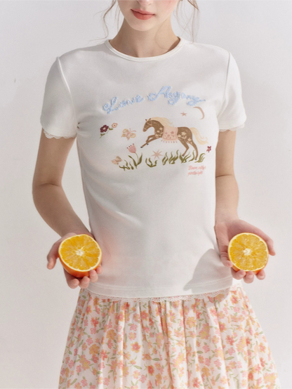 Contrast Lace Trim Embroidered Graphic Slim Fit T-Shirt