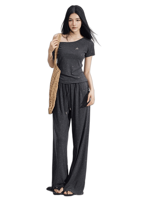 Off-Shoulder Draped Top Wide-Leg Pants Two-Piece Set