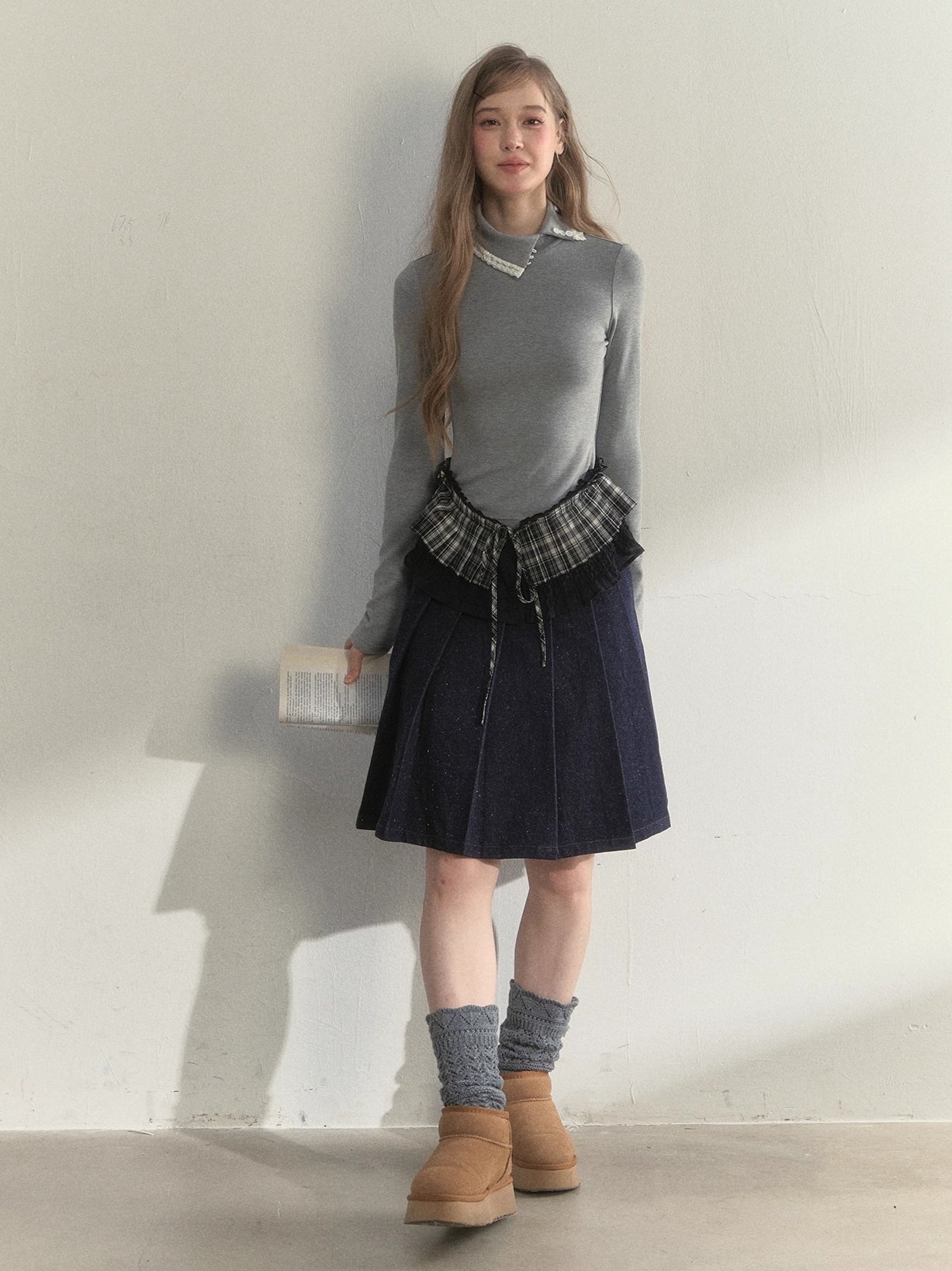 Layered Pleated Mock-Neck Knit T-Shirt