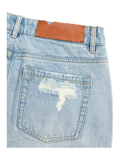 Asymmetric Patchwork Distressed Straight-Leg Jeans