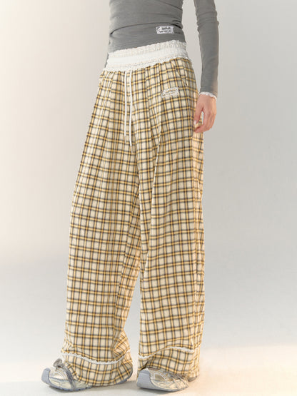 Lace-Trimmed Plaid Wide-Legged Pants