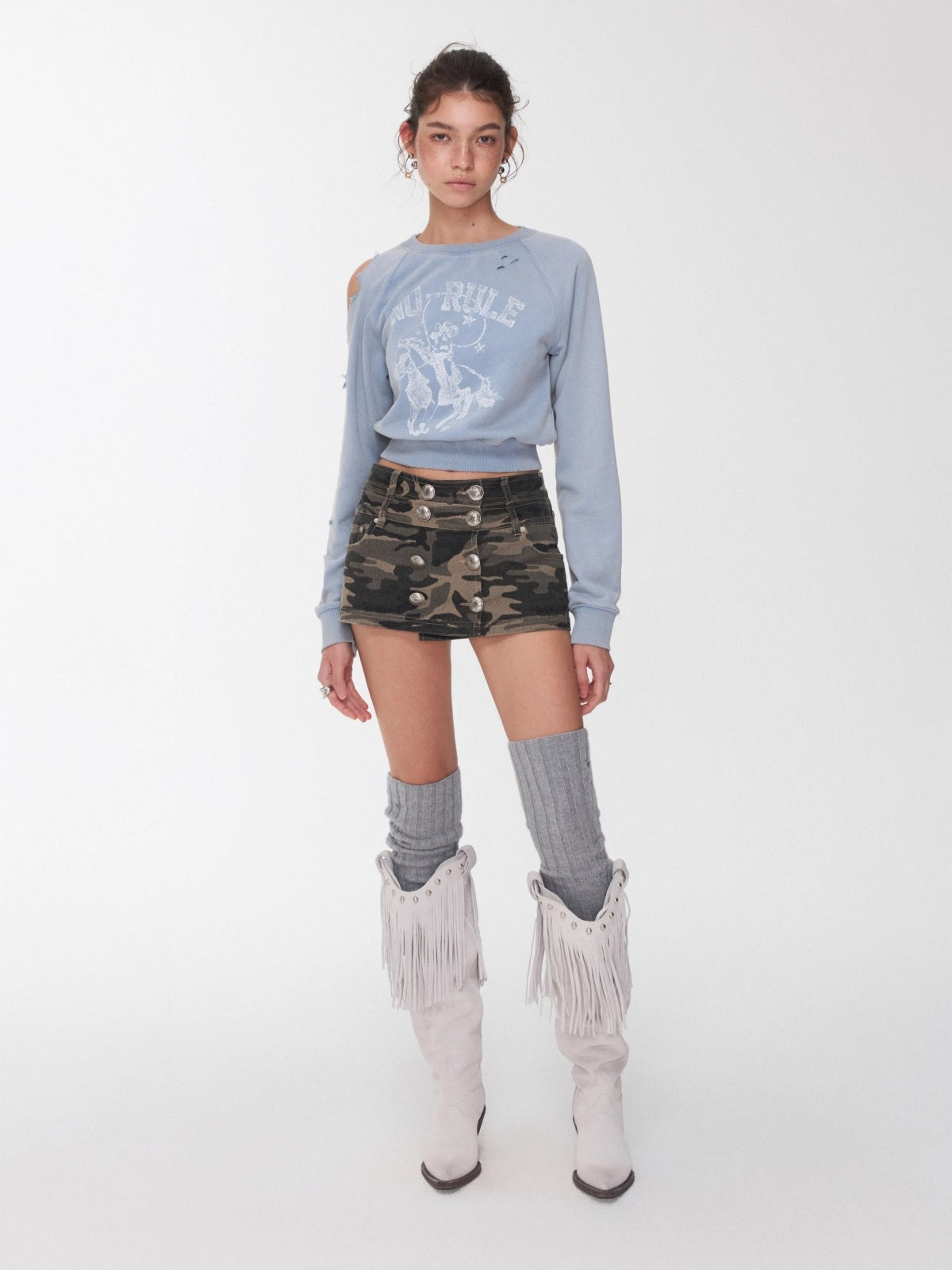 Knight Cat Print Distressed Washed Sweatshirt