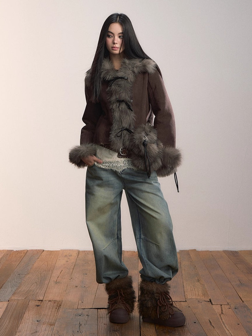 Faux Shearling Bow-Tie Collar Jacket