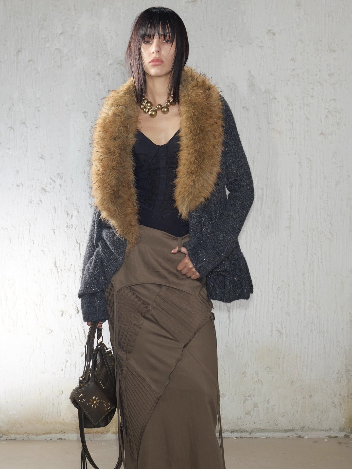 Oversized Wool-Collar Knit Cardigan Coat