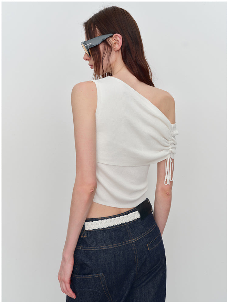 Asymmetric Drawstring Ruched One-Shoulder Blouse