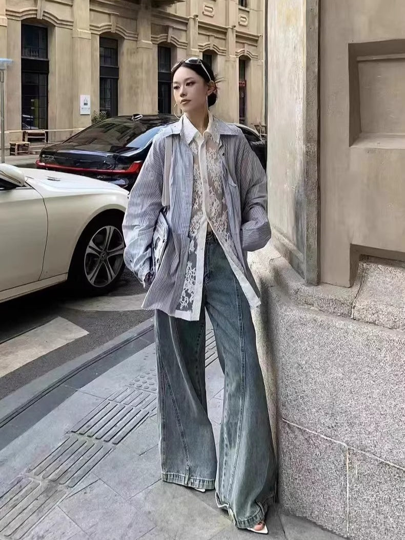 Asymmetric Pleated Stripe Cotton Shirt