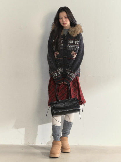 Charcoal Fair Isle Puppy Faux Fur Collar Knit Jacket