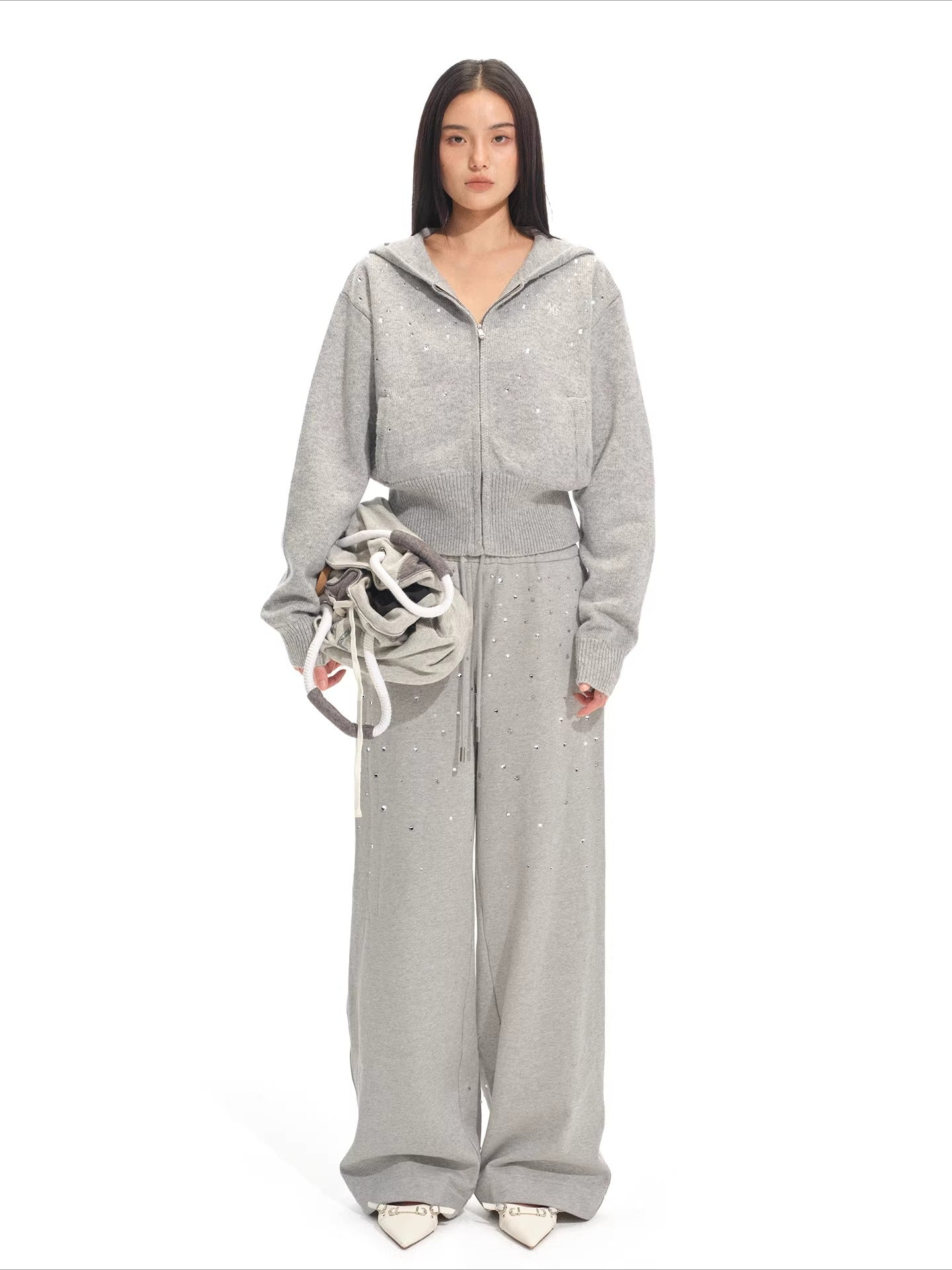 Gradient Rhinestone Cotton Knit Wide-Leg Pants