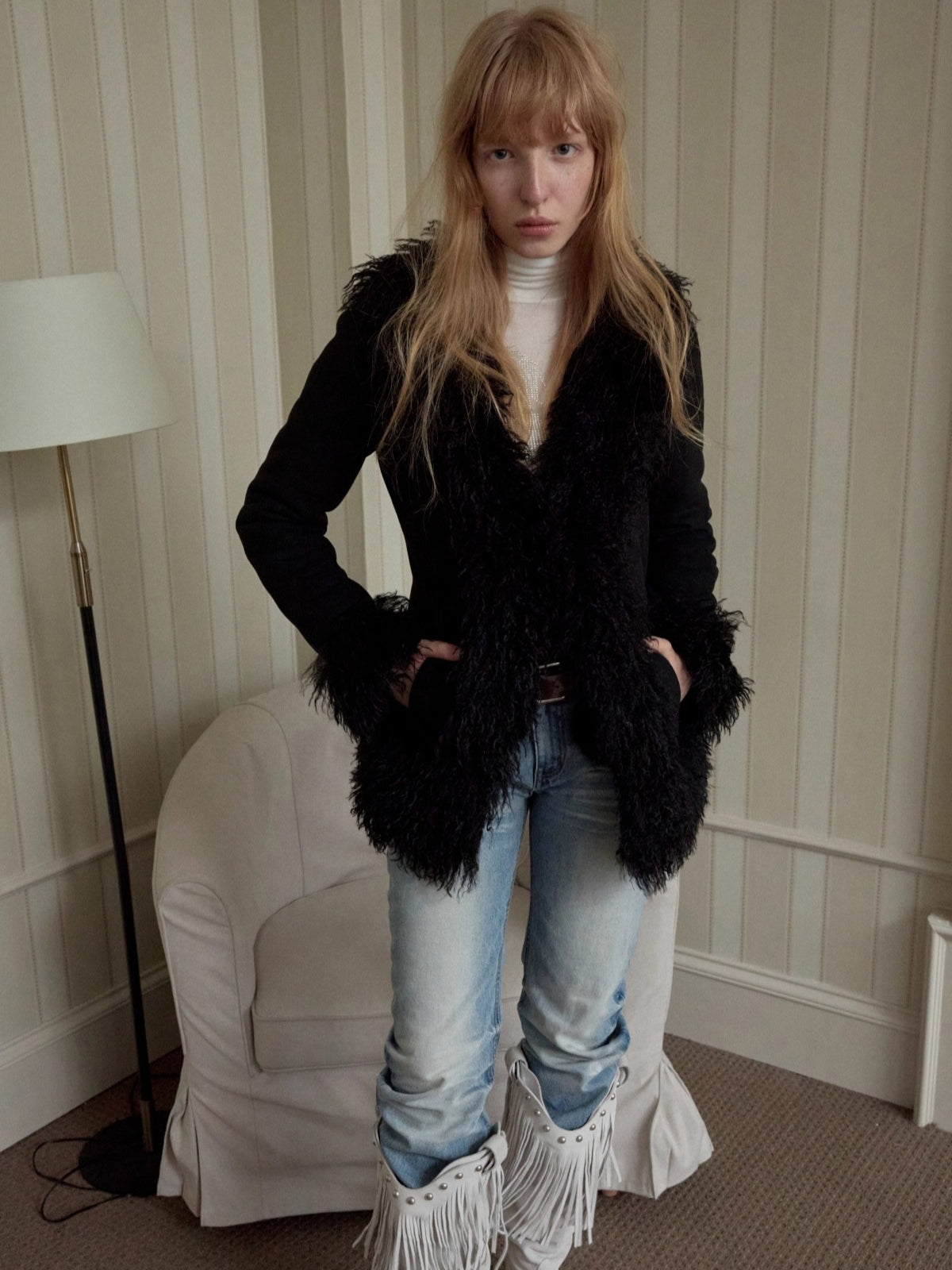Suede Shearling Embroidered Panel Jacket