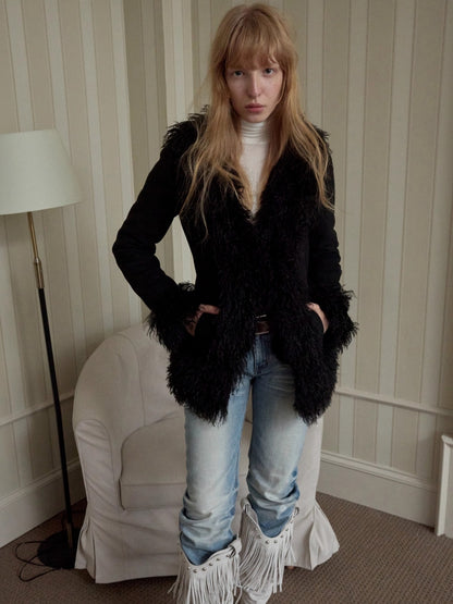 Suede Shearling Embroidered Panel Jacket