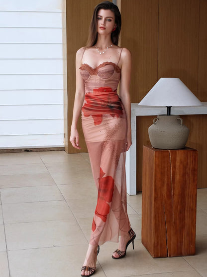 Floral Mesh Halter Corset Maxi Dress