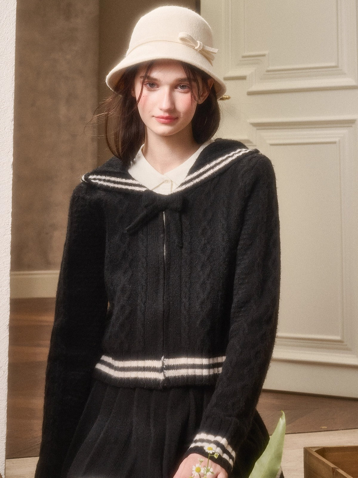 Memo Wool Cloud Knit Cardigan &amp; Pleated Skirt Set