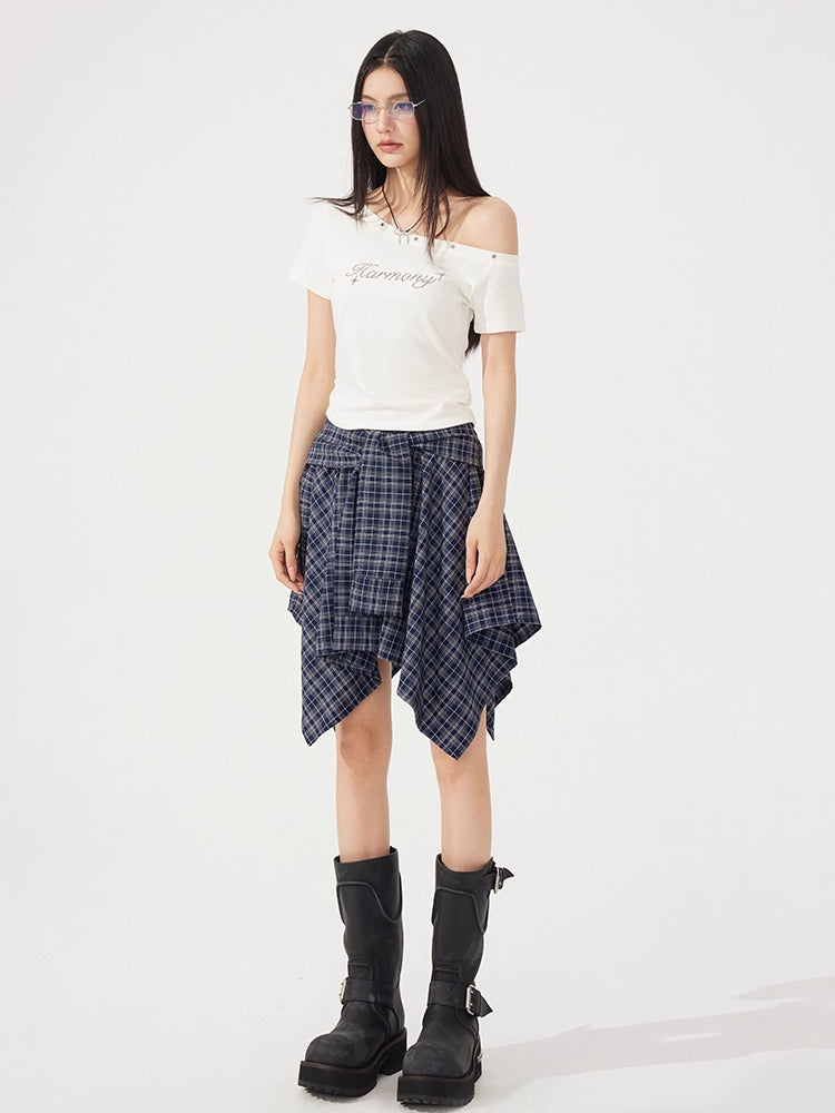 Plaid Tie Up Irregular Shirt Skirt