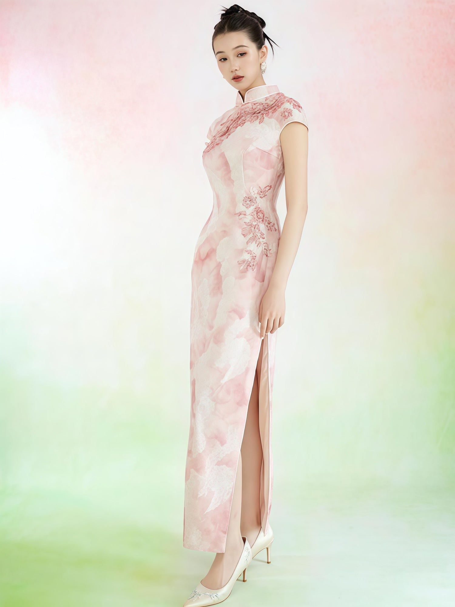 Blush Floral Embroidered Slim Cheongsam Dress