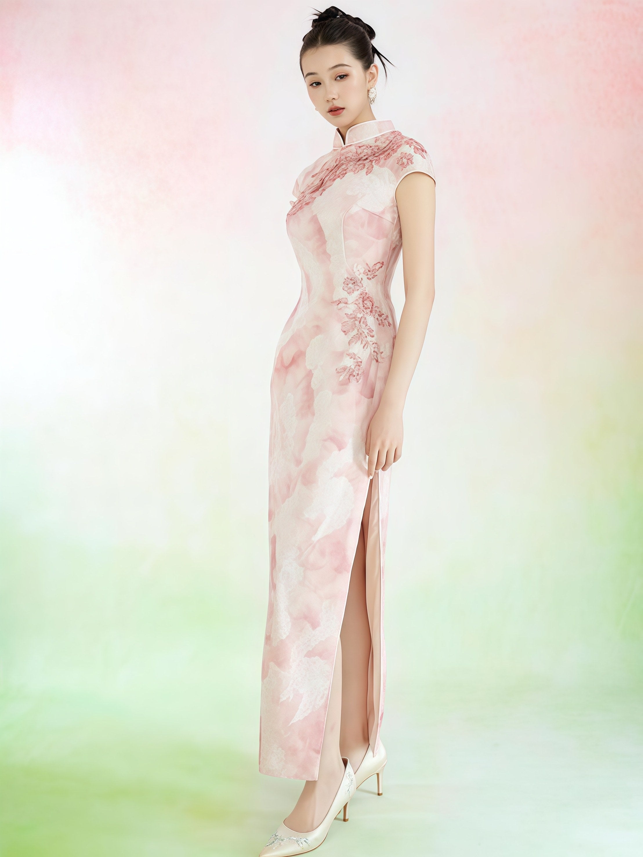 Blush Floral Embroidered Slim Cheongsam Dress