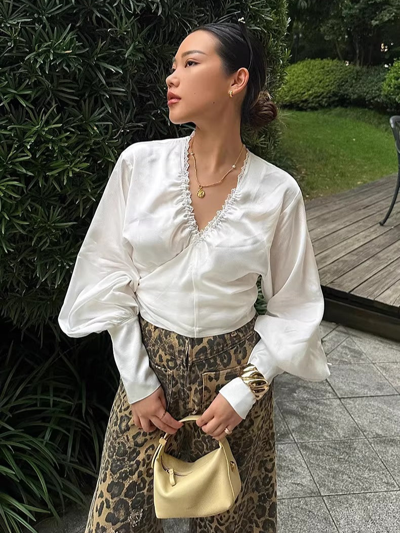 Convertible Ruched V-Neck Acetate Blouse