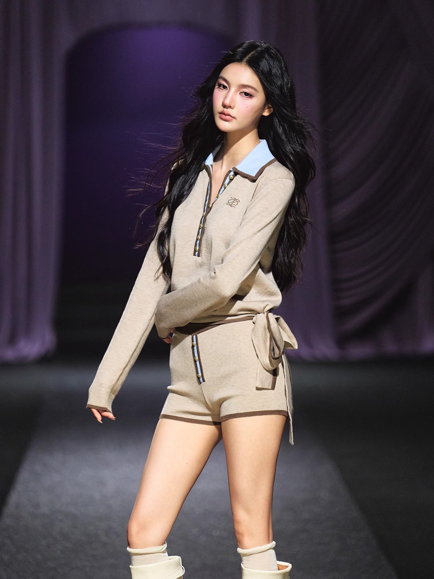 Contrast Tie-Neck Polo Knit Set