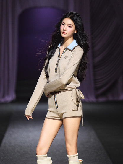 Contrast Tie-Neck Polo Knit Set