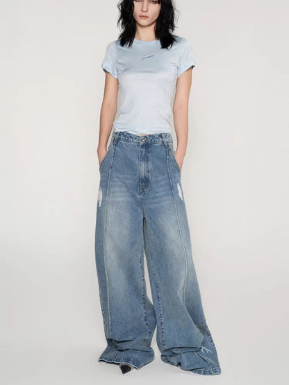 Laser Logo Seam Wide-Leg Denim Pants