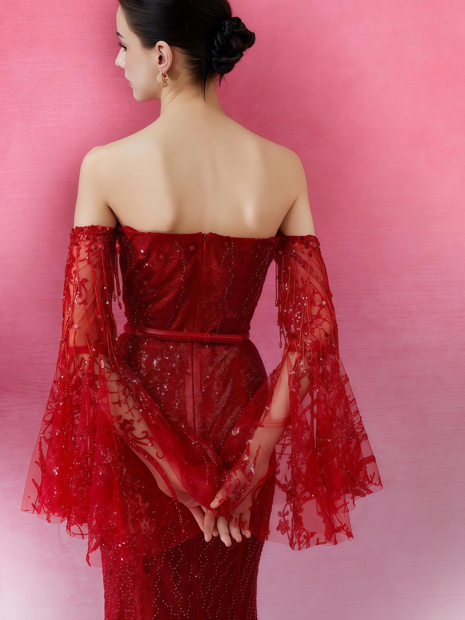 Crimson Embroidered Off-Shoulder Mermaid Gown with Sheer Flared Sleeves