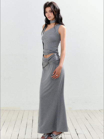 Rhinestone One-Shoulder Knit Vest &amp; Skirt Set - CHINASQUAD