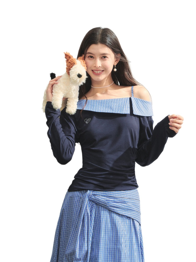 Plaid Spliced One-Shoulder Contrast Long-Sleeve Top &amp; Skirt Set