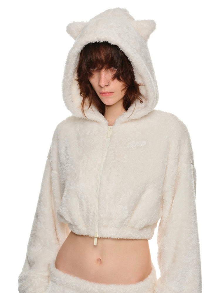 White &amp; Brown Cat-Ear Hoodie Set