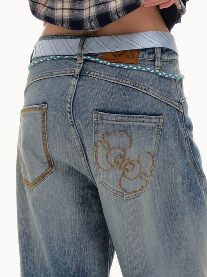 Beaded Tie-Waist Washed Denim Pants