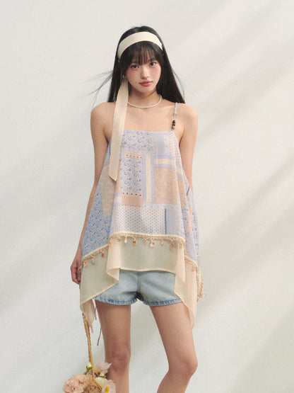 Irregular Beaded Strappy Printed Slip Dress - CHINASQUAD