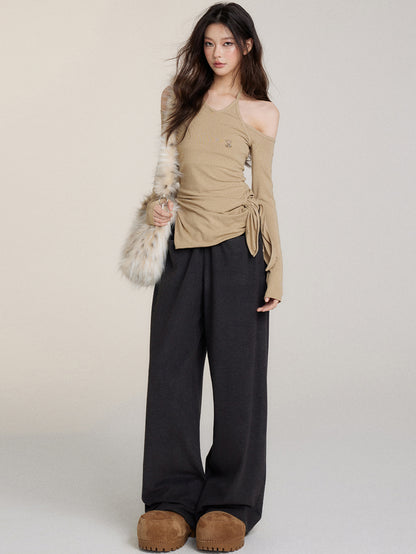 Fuzzy Big Pocket Straight-Leg Casual Pants