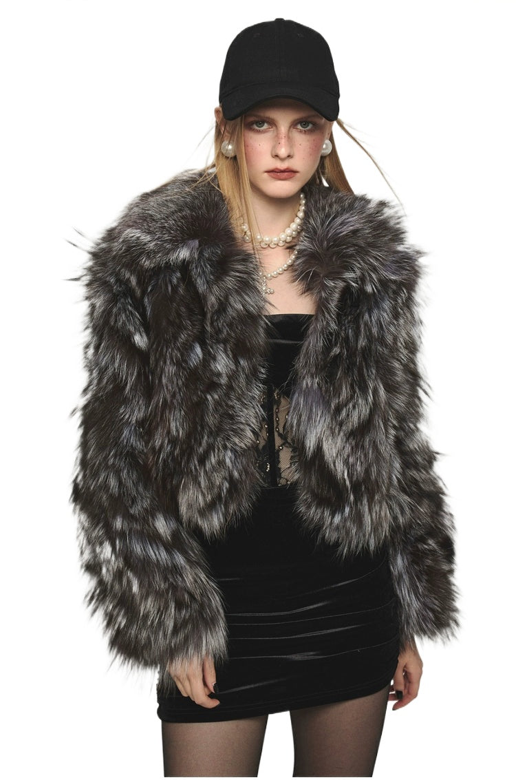 Turn-down Collar Silver Fox Fur Short Coat