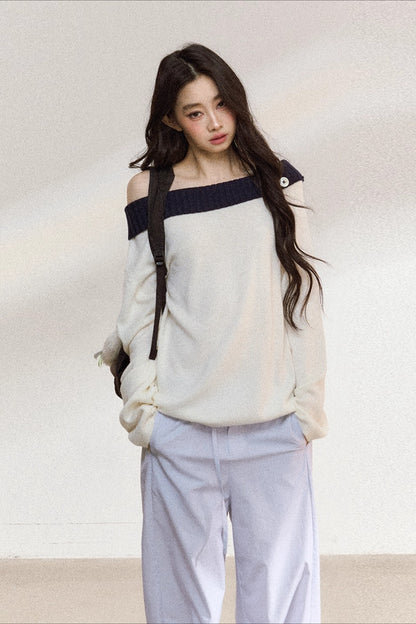 Two-Tone Asymmetric Off-Shoulder Knit Sweater