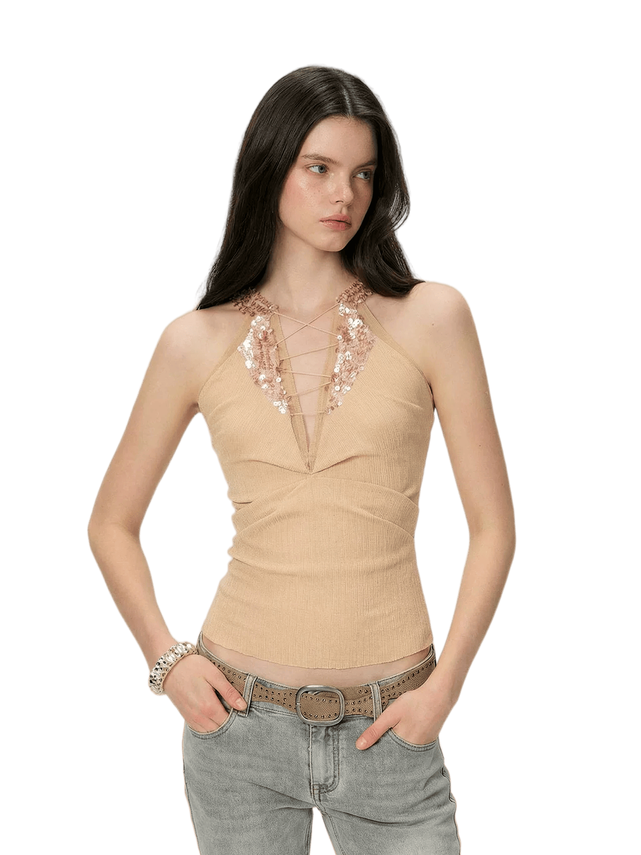 Vintage Deep V Sequin Halterneck Slim Fit Tank Top