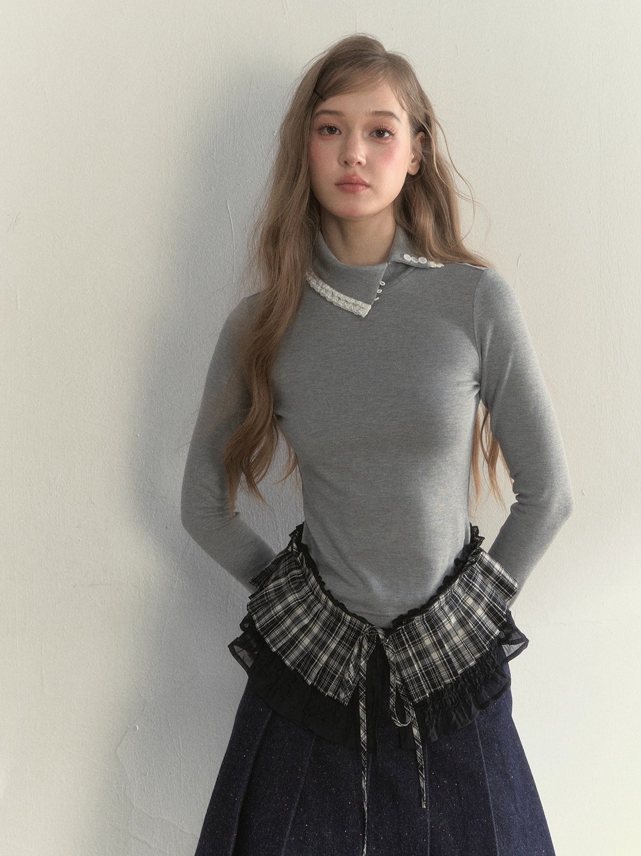 Layered Pleated Mock-Neck Knit T-Shirt