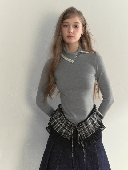Layered Pleated Mock-Neck Knit T-Shirt
