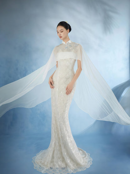 Ivory Embroidered Mandarin Collar Mermaid Gown with Sheer Cape