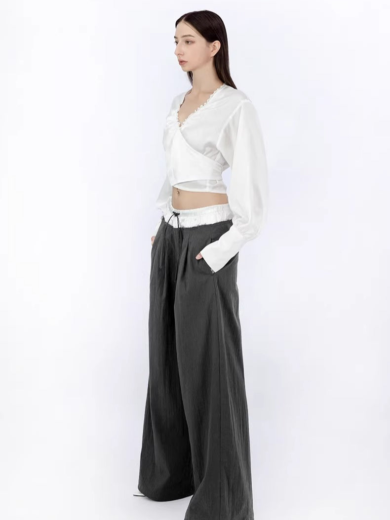 Convertible Ruched V-Neck Acetate Blouse