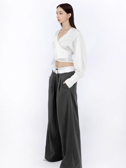 Convertible Ruched V-Neck Acetate Blouse