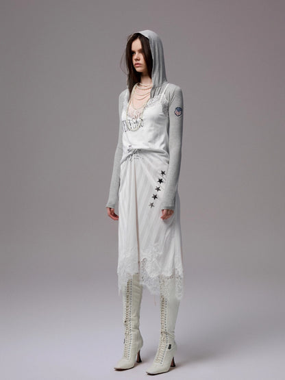 Letter-printed Spliced Lace Camisole Dress