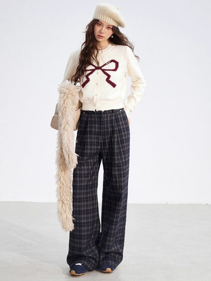 Plaid Fleece-Lined Wide-Leg Trousers