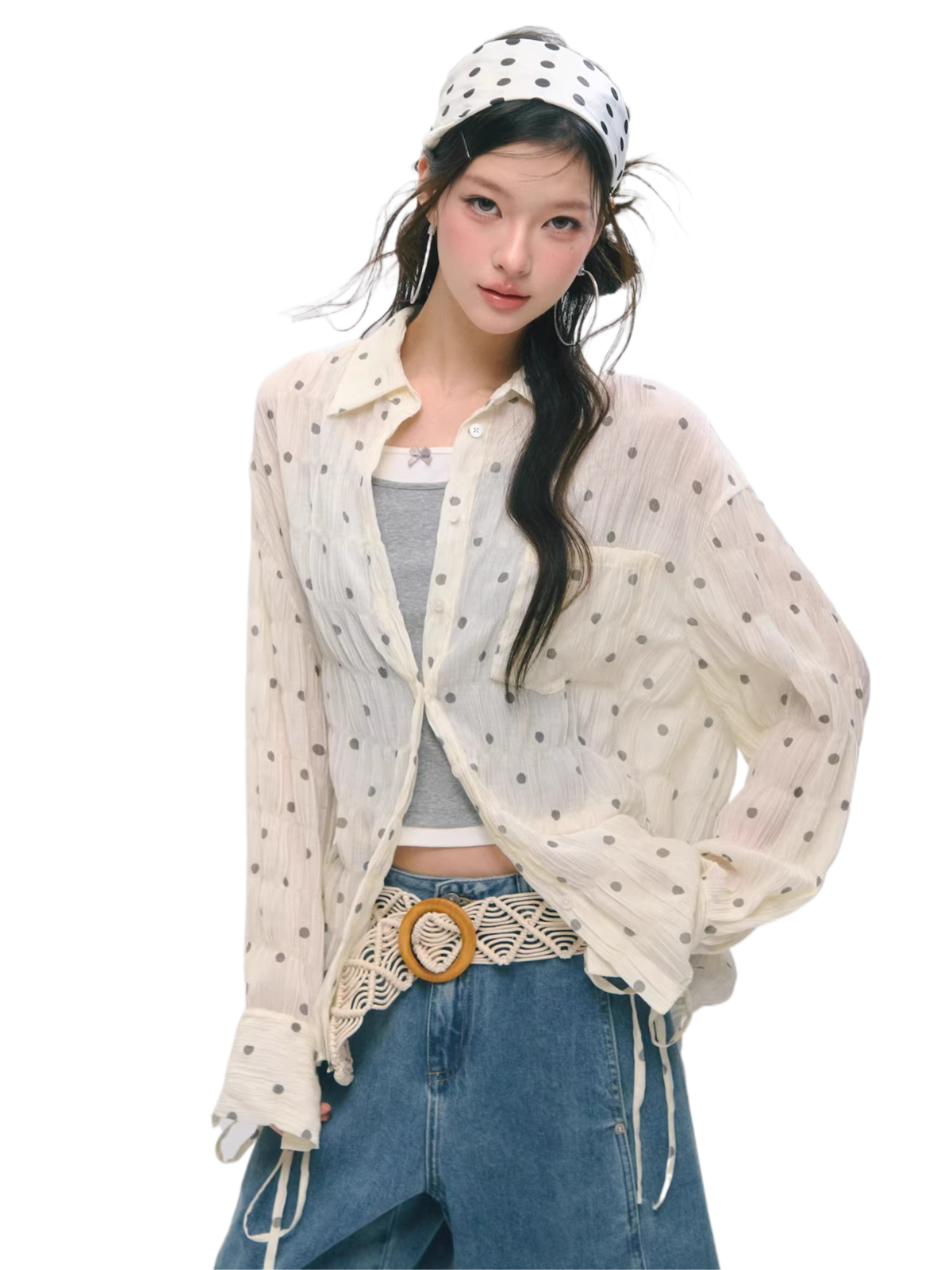 Polka Dot Textured Ruched Shirt