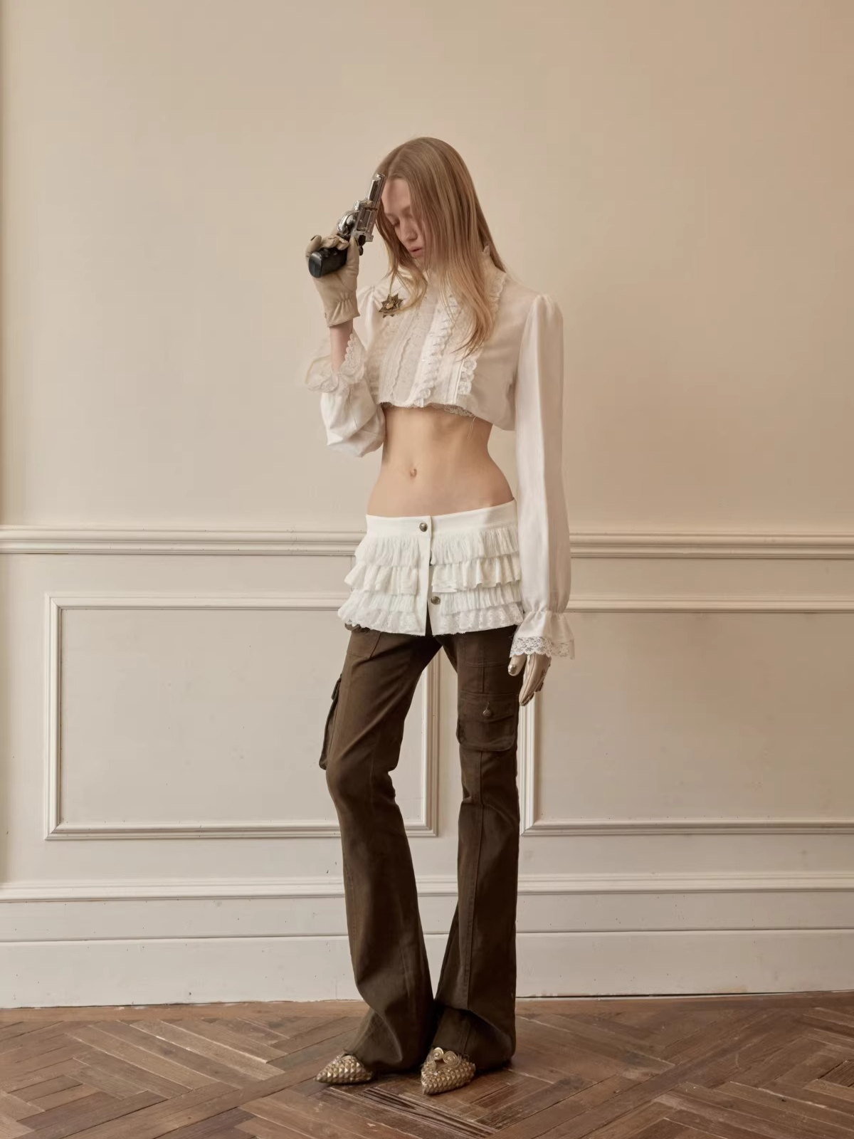 Lace Trim Puff Sleeve Cropped Shirt