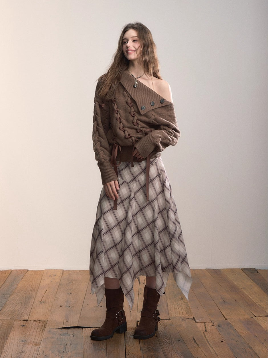 Irregular Hem Plaid Midi Skirt
