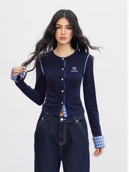 Plaid Embroidery Knit Cardigans