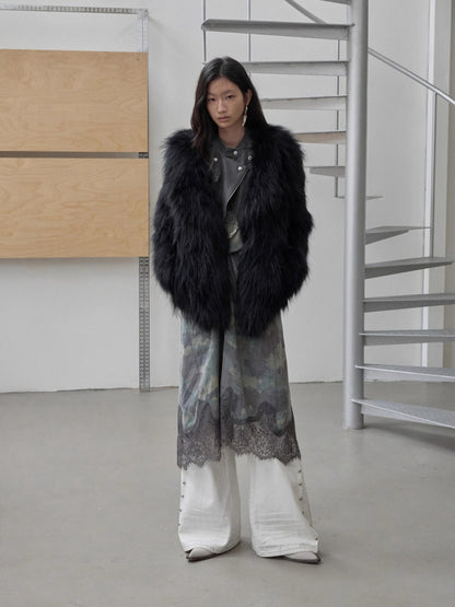 Raccoon Fur Oversized Lapel Woven Coat