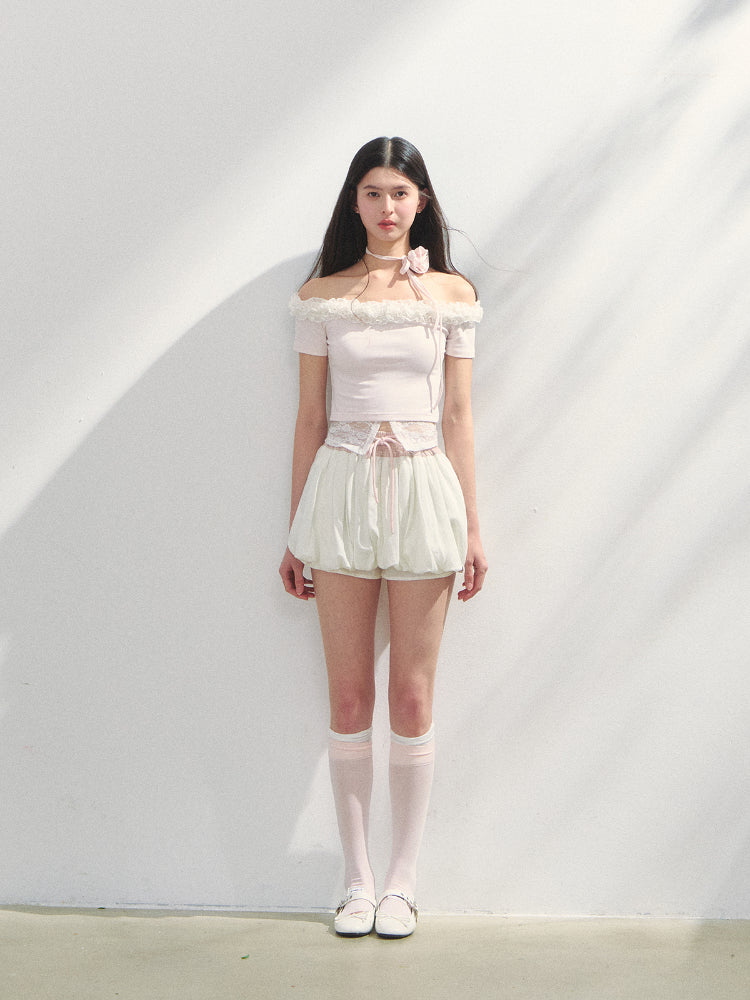 Off-Shoulder Irregular 3D Floral T-Shirt