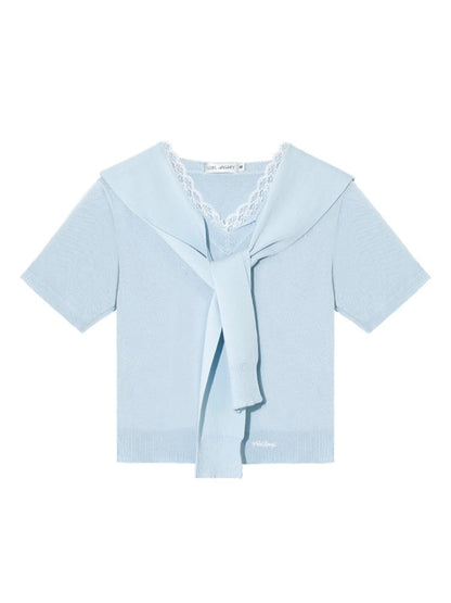 Lace Spliced V-Neck Knitted T-Shirt - CHINASQUAD