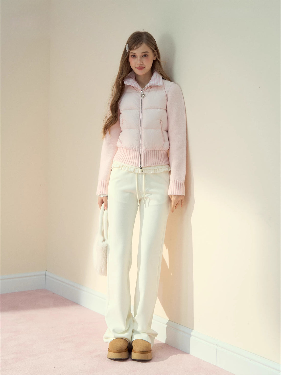 Cream Knit-Panel Down Jacket